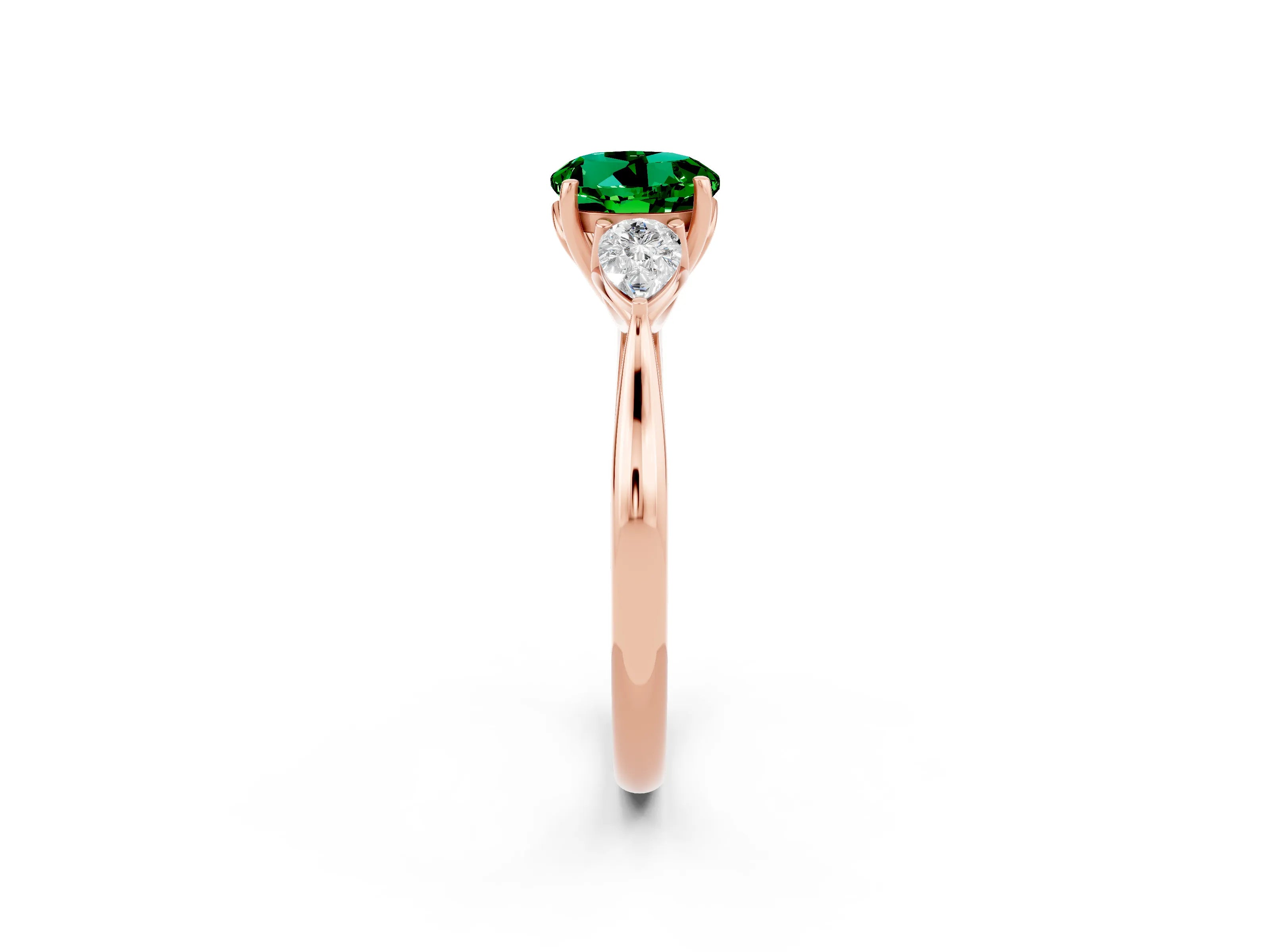 Rose gold Round Cut Emerald Three-Stone Ring with Pear Side Stones and Four-Prong Setting_14