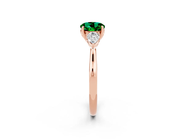 Rose gold Round Cut Emerald Three-Stone Ring with Pear  Side Stones and Prong Setting