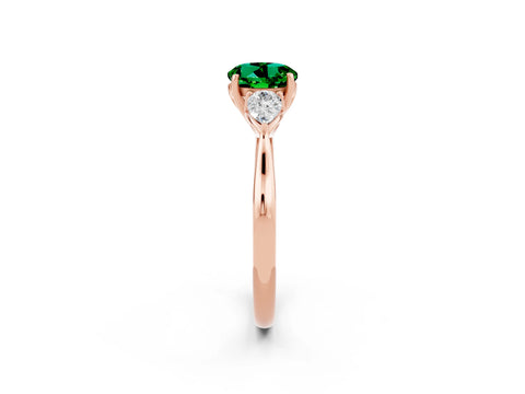 Rose gold Round Cut Emerald Three-Stone Ring with Pear Side Stones and Four-Prong Setting_14