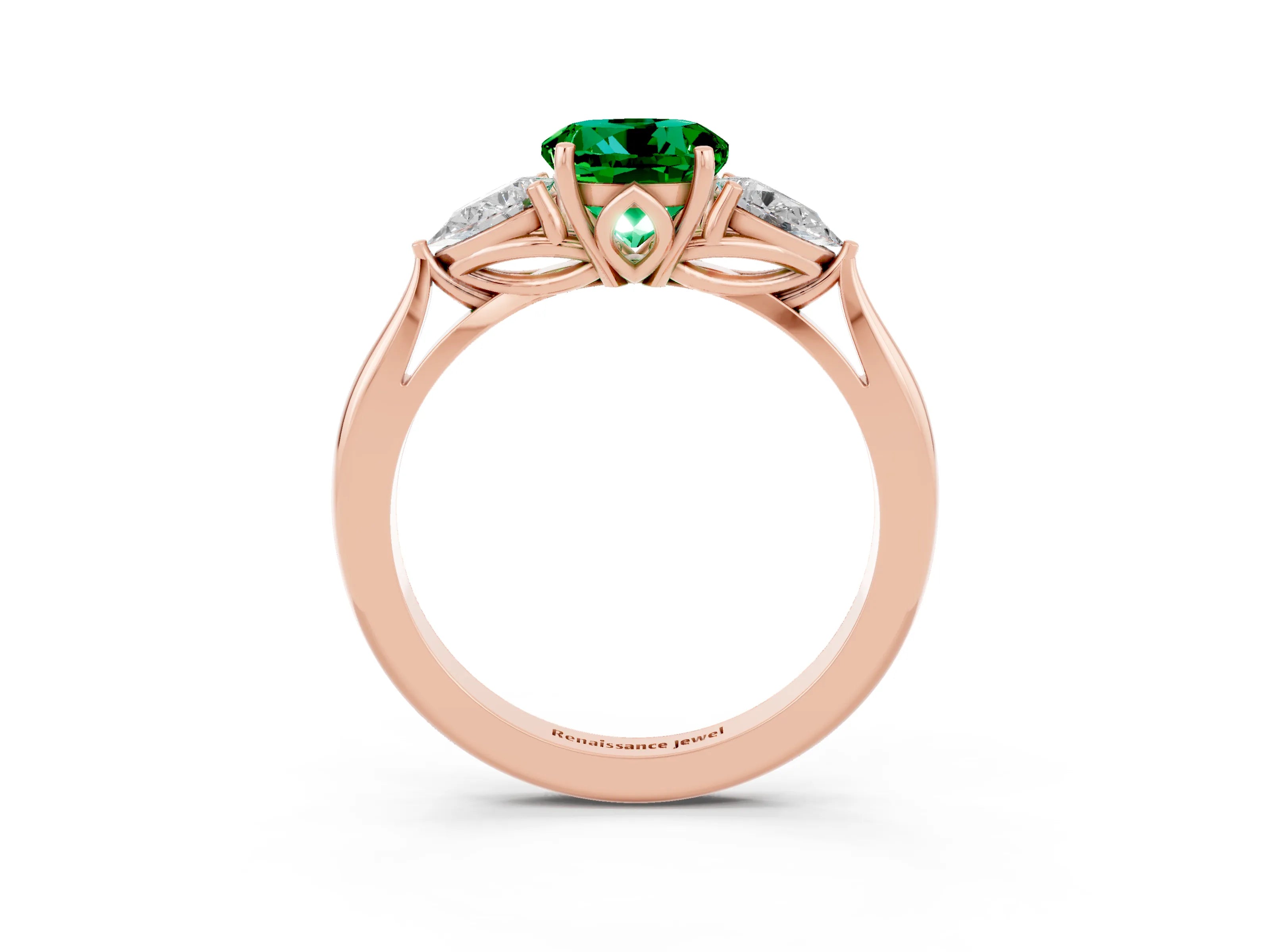 Rose gold Round Cut Emerald Three-Stone Ring with Pear Side Stones and Four-Prong Setting_15