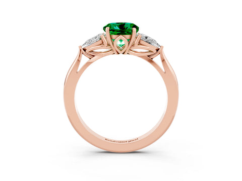 Rose gold Round Cut Emerald Three-Stone Ring with Pear Side Stones and Four-Prong Setting_15