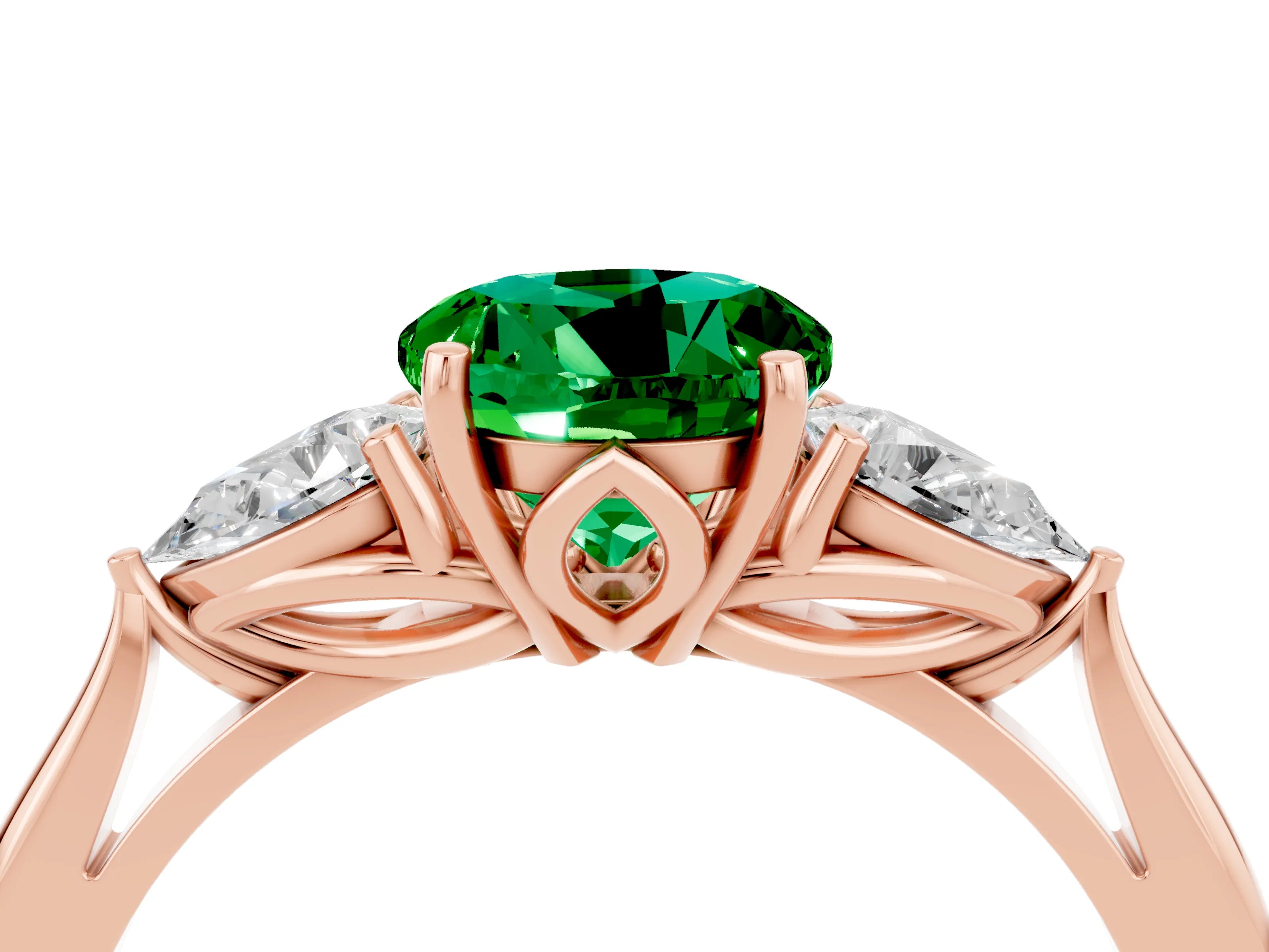 Rose gold Round Cut Emerald Three-Stone Ring with Pear Side Stones and Four-Prong Setting_16