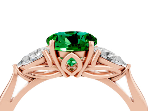 Rose gold Round Cut Emerald Three-Stone Ring with Pear Side Stones and Four-Prong Setting_16