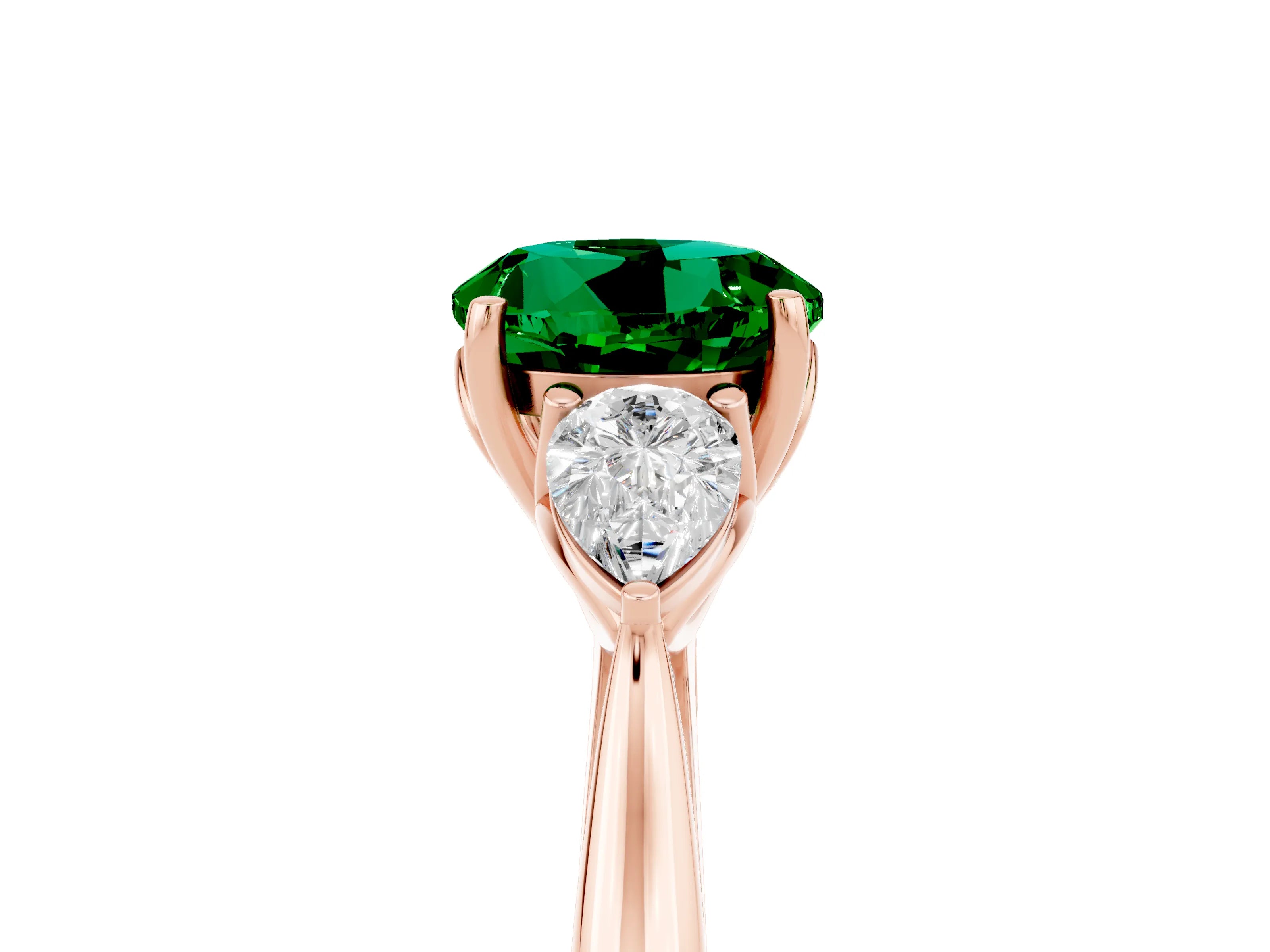 Rose gold Round Cut Emerald Three-Stone Ring with Pear Side Stones and Four-Prong Setting_17