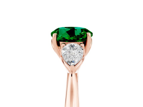Rose gold Round Cut Emerald Three-Stone Ring with Pear Side Stones and Four-Prong Setting_17
