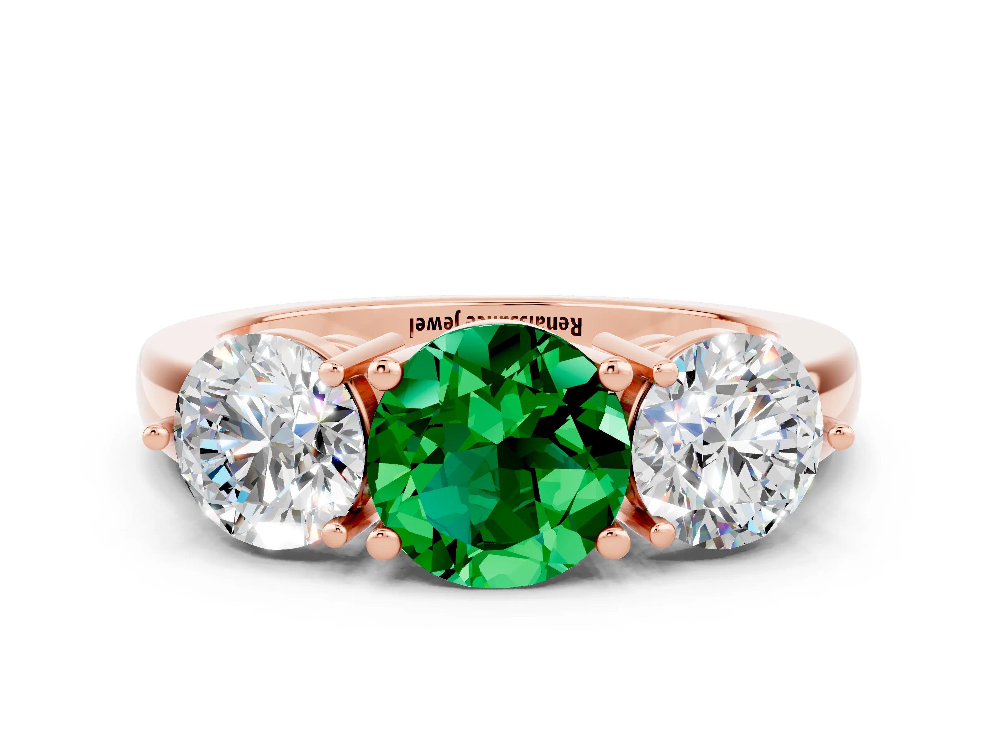 Rose gold Round Cut Emerald Three-Stone Ring with Prong Setting and Classic Band