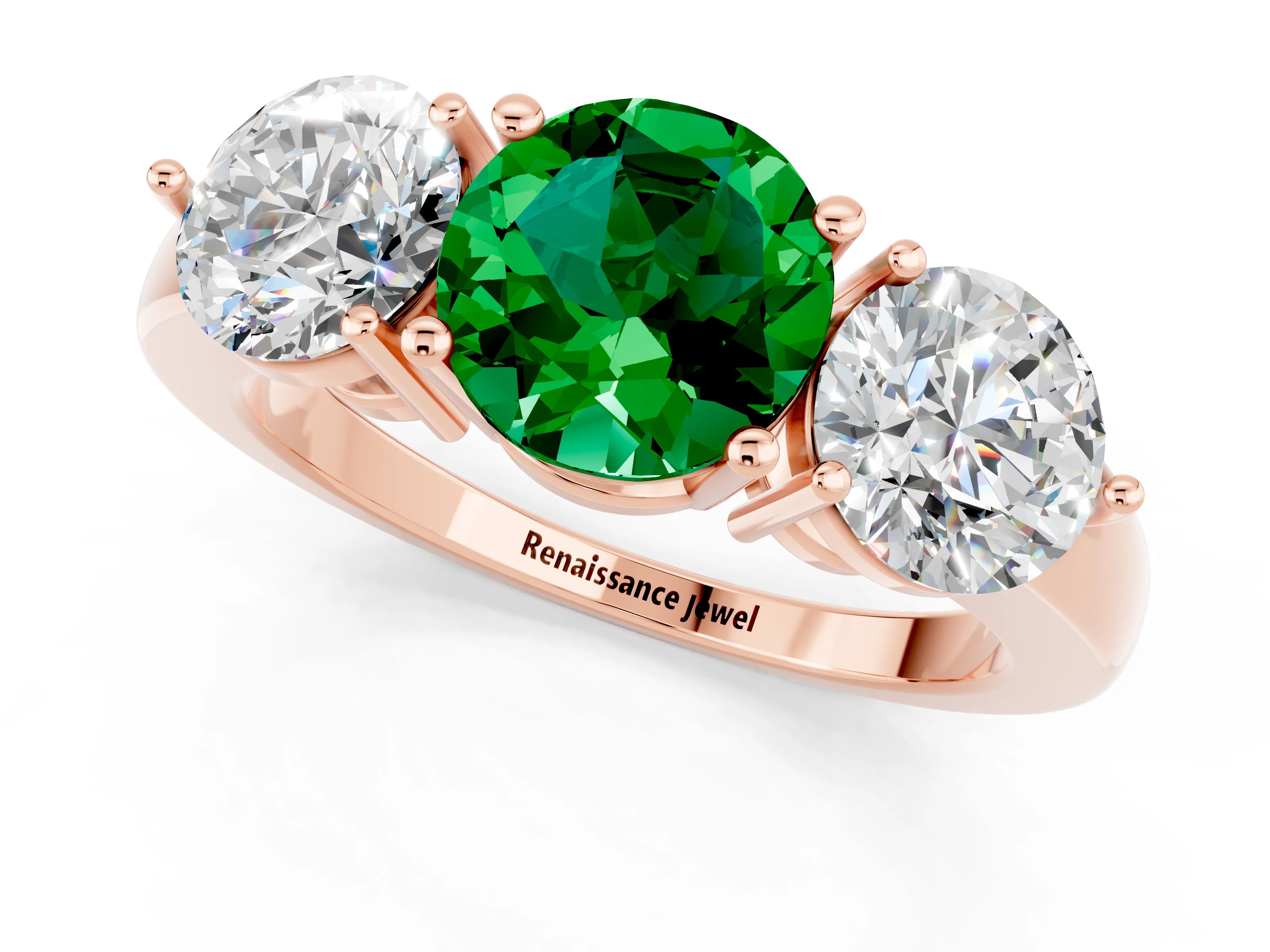 Rose gold Round Cut Emerald Three-Stone Ring with Prong Setting and Classic Band_1