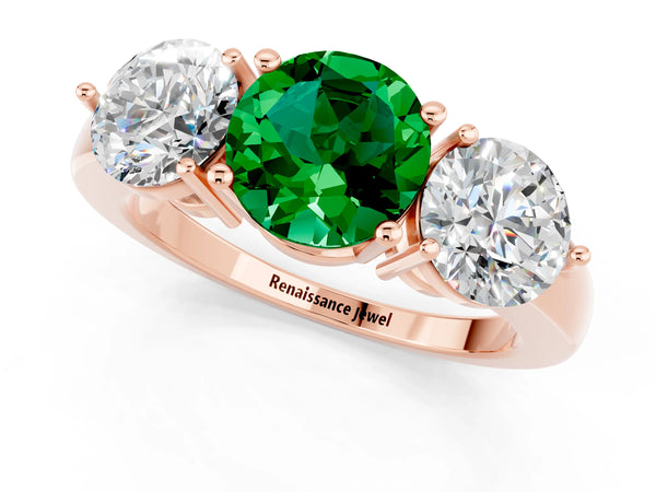 Rose gold Round Cut Emerald Three-Stone Ring with Prong Setting and Classic Band