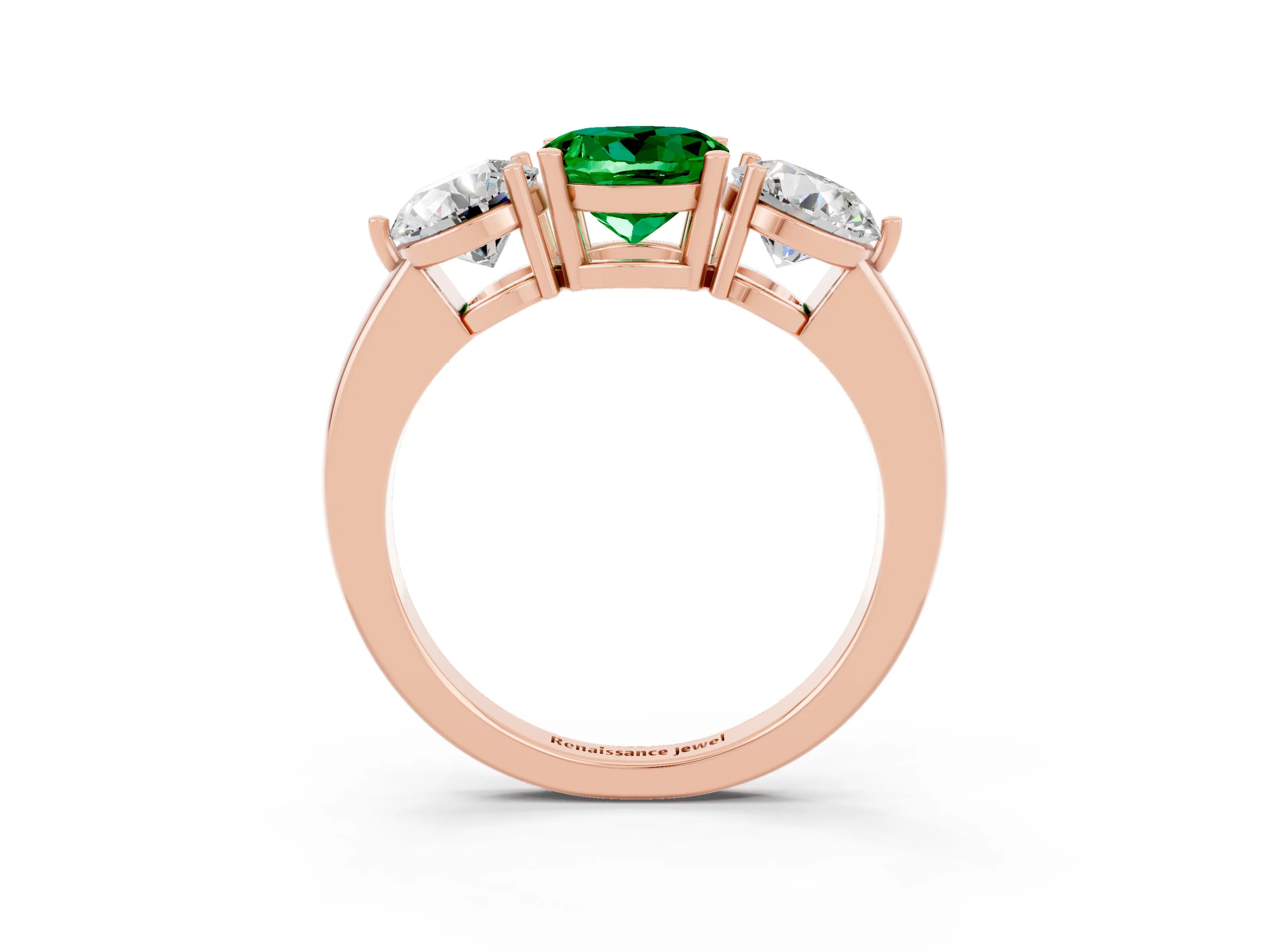 Rose gold Round Cut Emerald Three-Stone Ring with Prong Setting and Classic Band_3