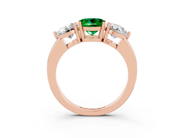 Rose gold Round Cut Emerald Three-Stone Ring with Prong Setting and Classic Band