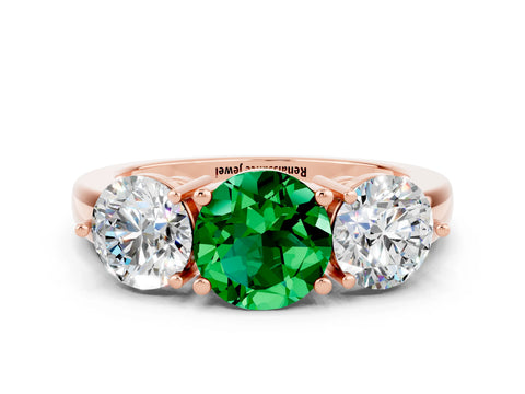 Rose gold Round Cut Emerald Three-Stone Ring with Prong Setting and Classic Band