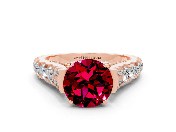 Rose gold Round Cut Garnet Classic Solitaire Ring with Pavé Band and Four-Prong Setting