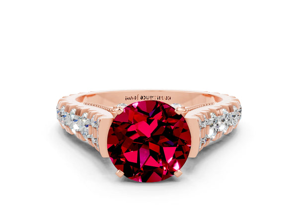 Rose gold Round Cut Garnet Classic Solitaire Ring with Pavé Band and Four-Prong Setting
