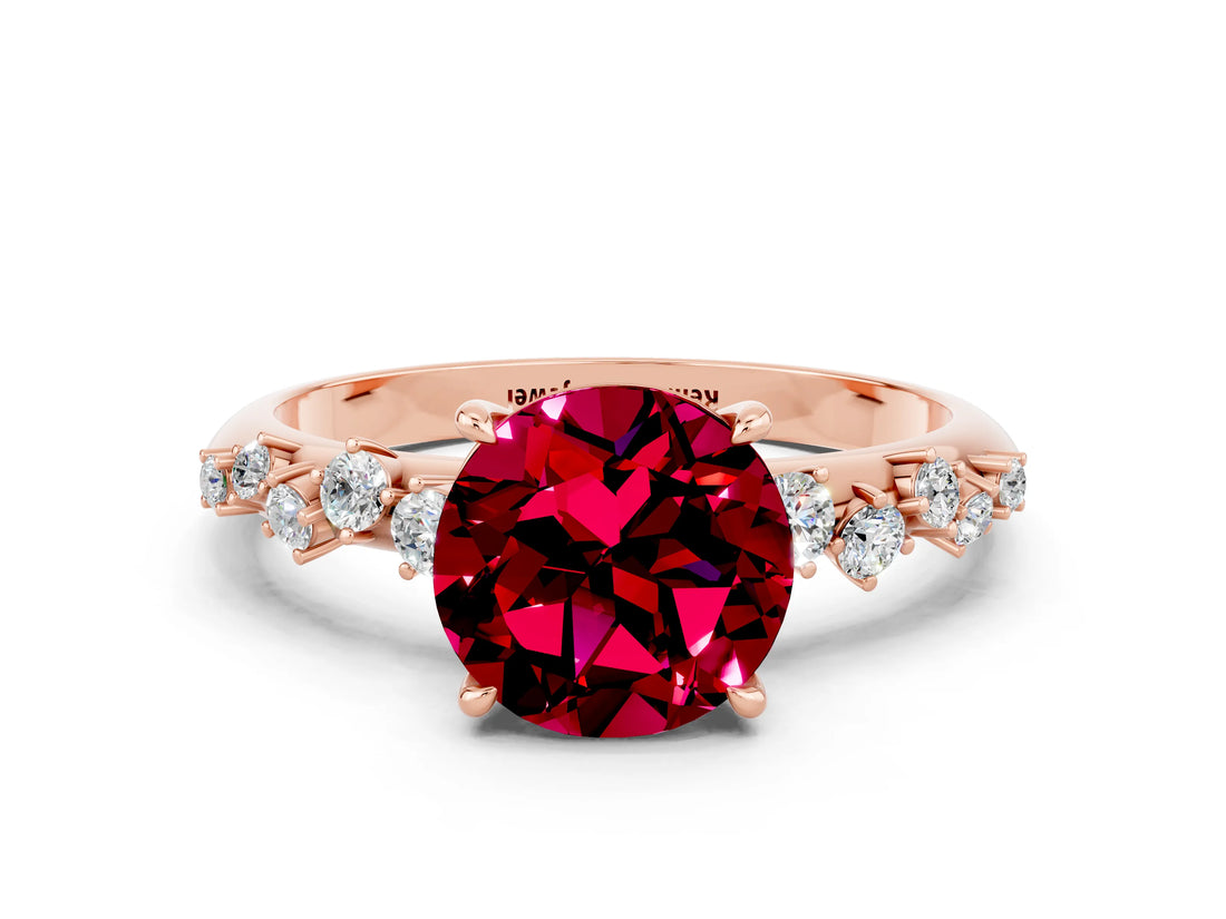 Rose gold Round Cut Garnet Cluster Side Stone Solitaire Ring with Prong Setting_24