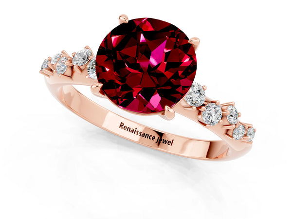 Rose gold Round Cut Garnet Cluster Side Stone Solitaire Ring with Prong Setting