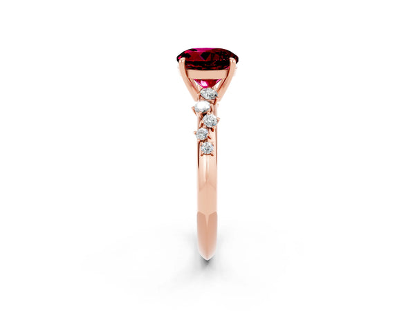 Rose gold Round Cut Garnet Cluster Side Stone Solitaire Ring with Prong Setting