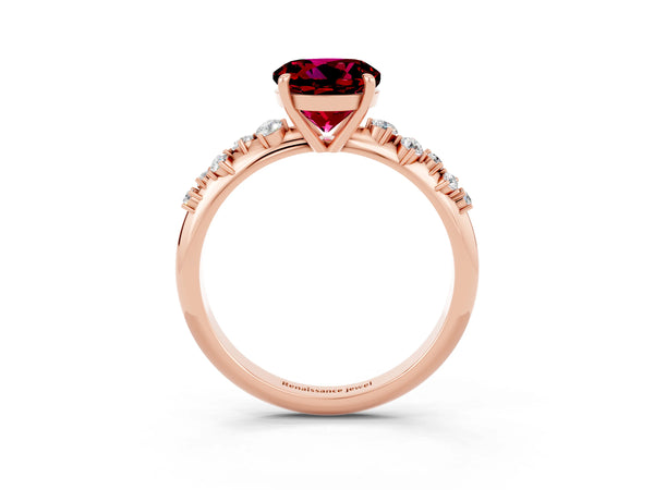 Rose gold Round Cut Garnet Cluster Side Stone Solitaire Ring with Prong Setting