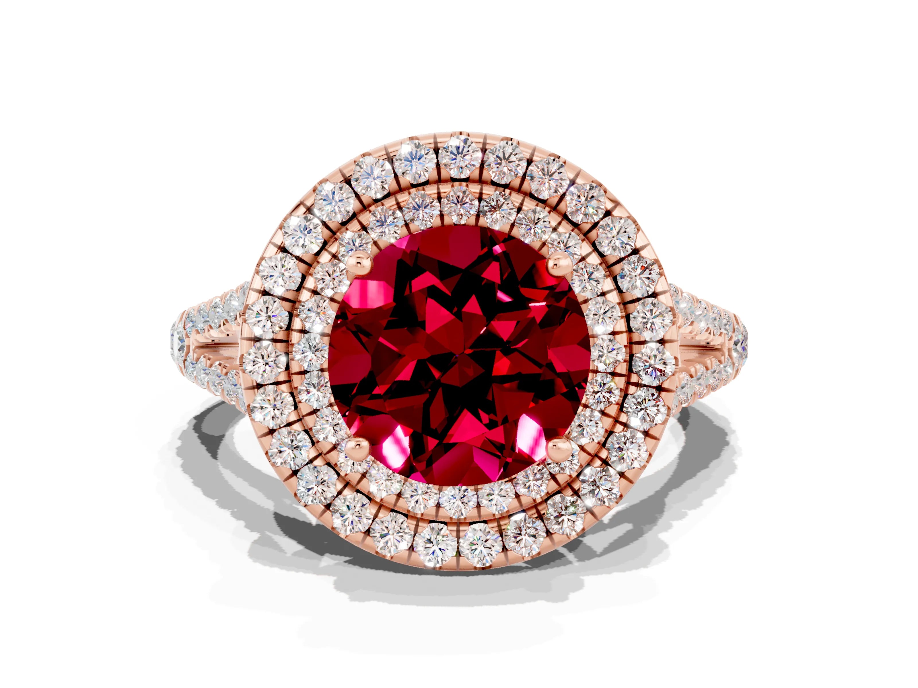 Rose gold Round Cut Garnet Double Halo Ring with Pavé Band and Prong Setting_12