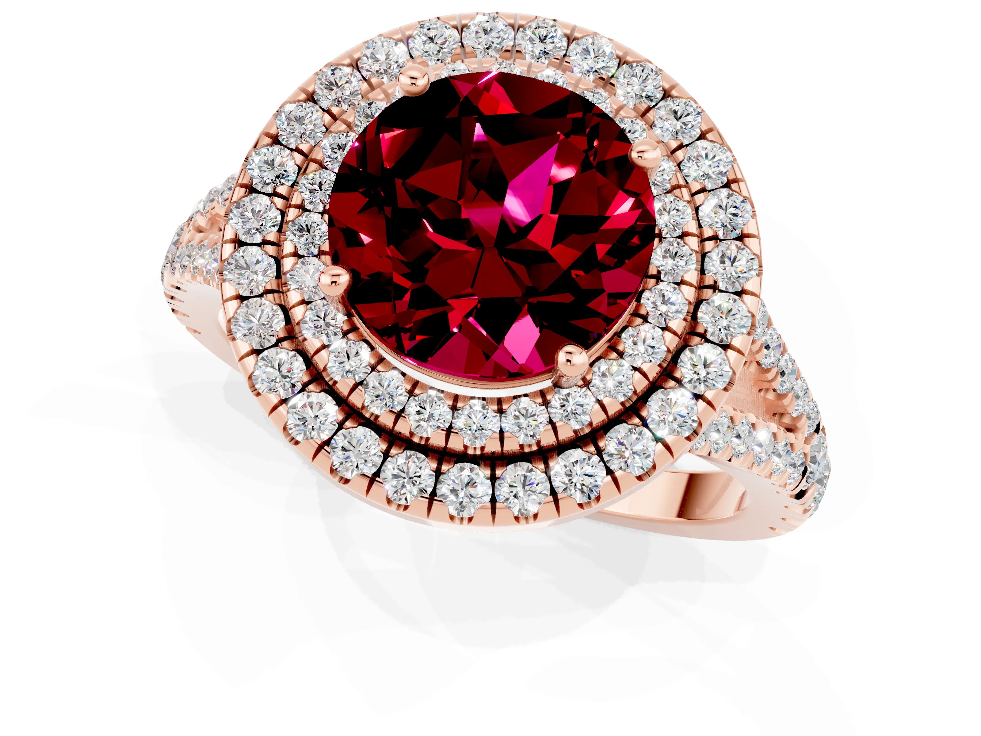 Rose gold Round Cut Garnet Double Halo Ring with Pavé Band and Prong Setting_13