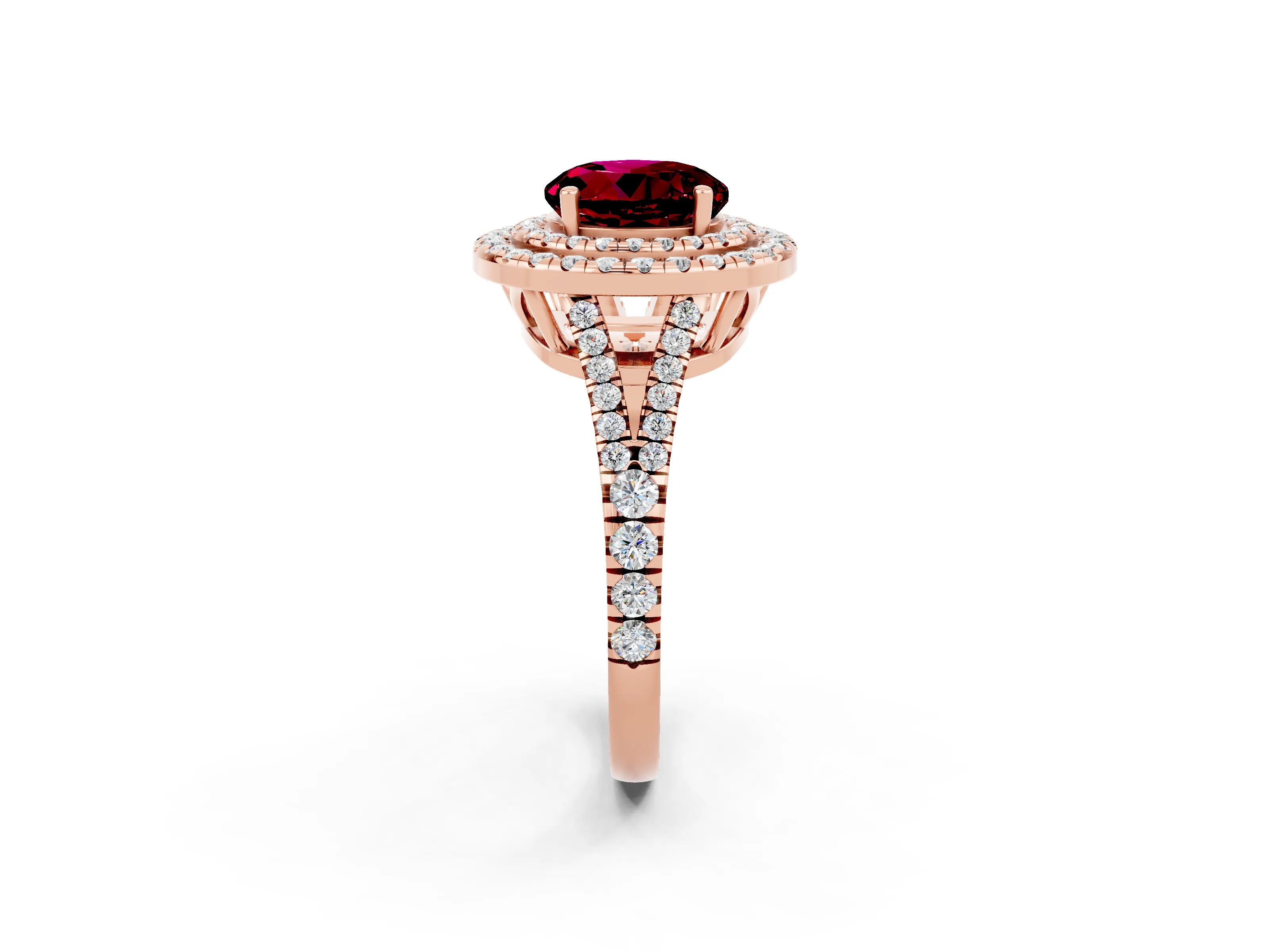 Rose gold Round Cut Garnet Double Halo Ring with Pavé Band and Prong Setting_14