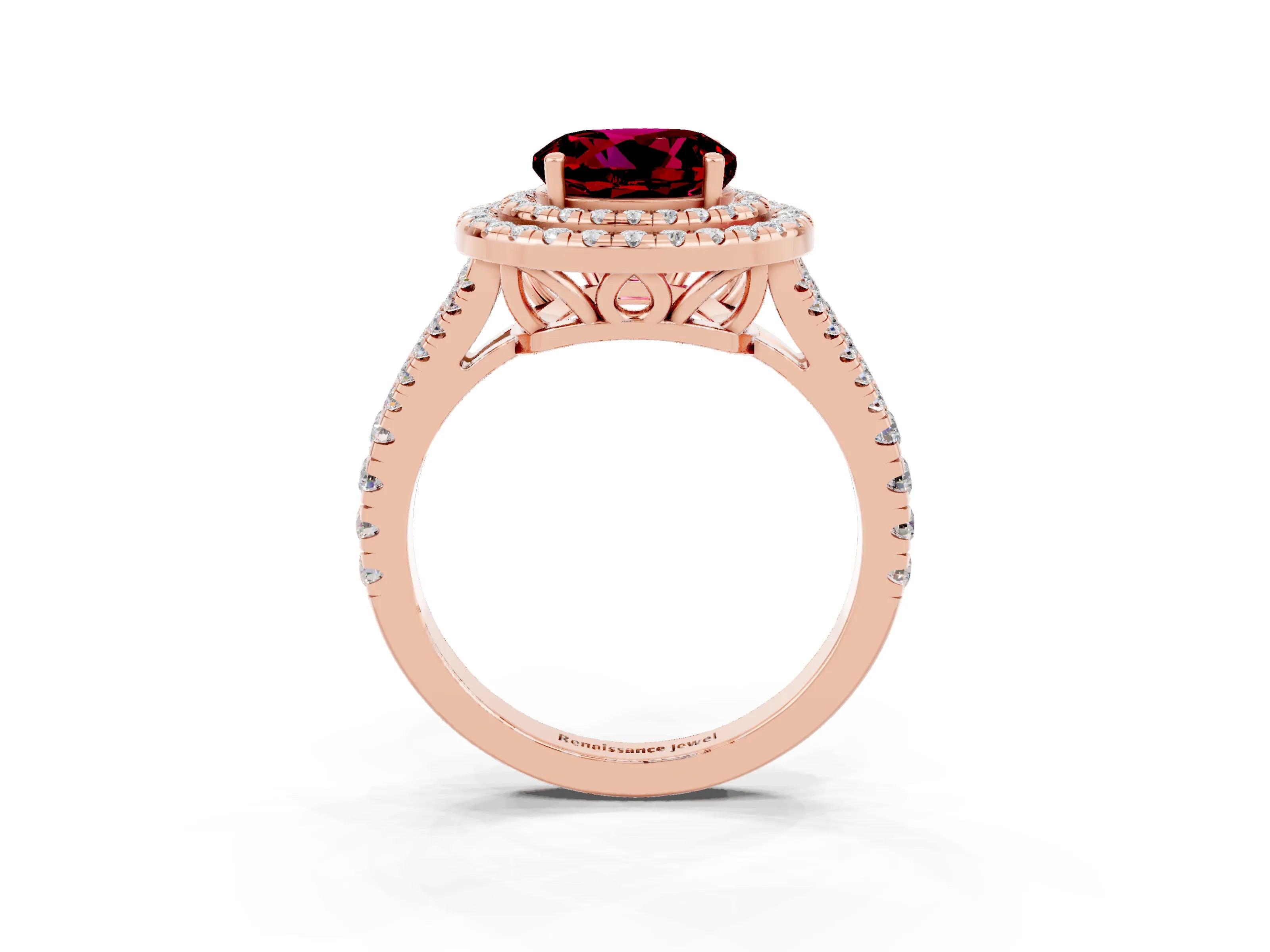 Rose gold Round Cut Garnet Double Halo Ring with Pavé Band and Prong Setting_15
