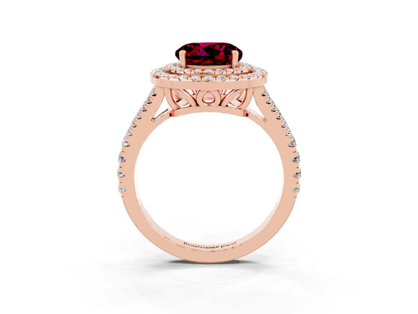 Rose gold Round Cut Garnet Double Halo Ring with Pavé Band and Prong Setting