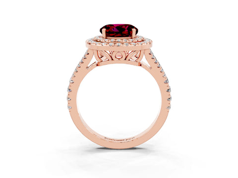 Rose gold Round Cut Garnet Double Halo Ring with Pavé Band and Prong Setting_15