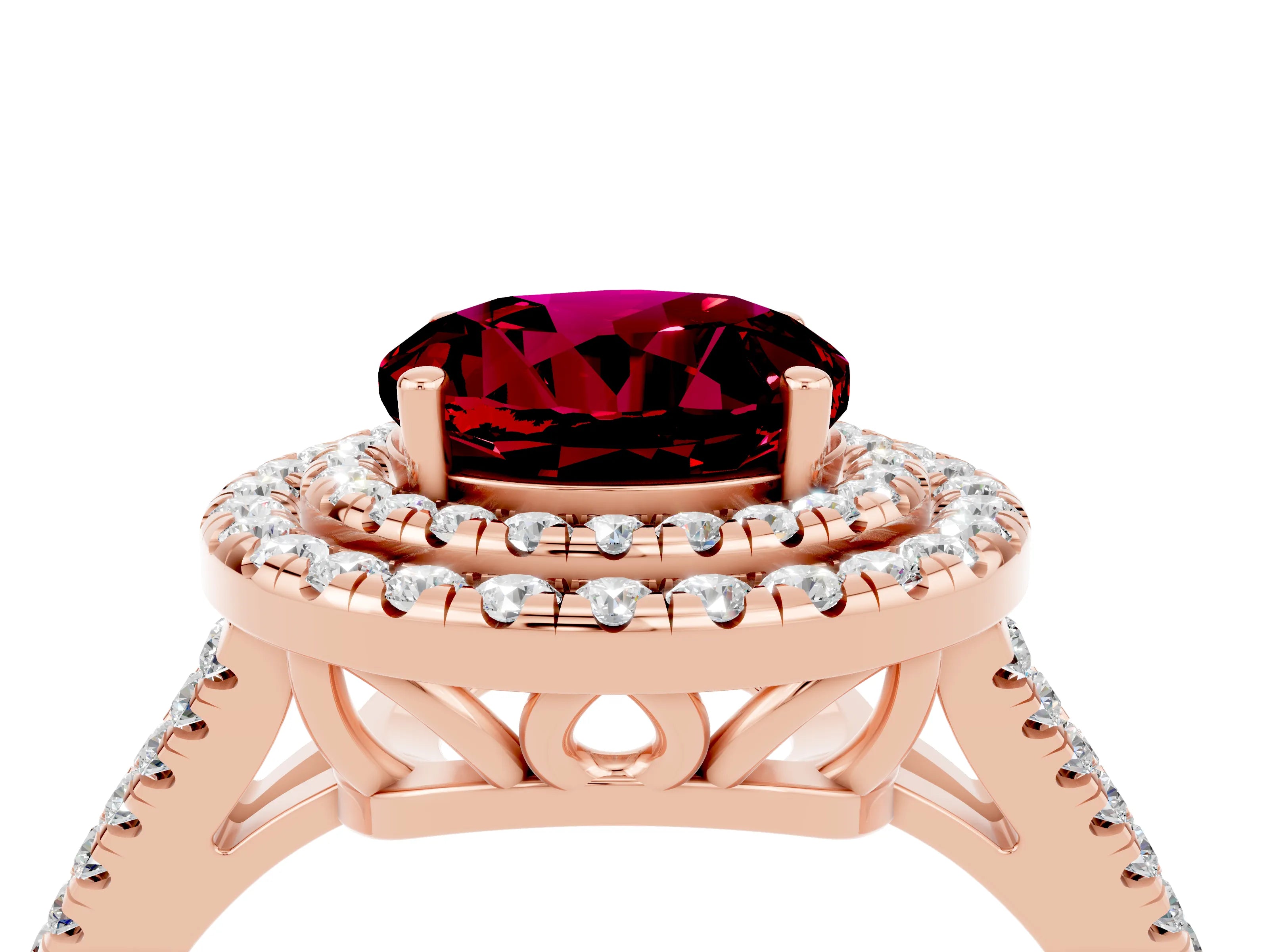 Rose gold Round Cut Garnet Double Halo Ring with Pavé Band and Prong Setting_16