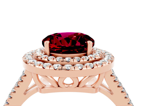Rose gold Round Cut Garnet Double Halo Ring with Pavé Band and Prong Setting_16