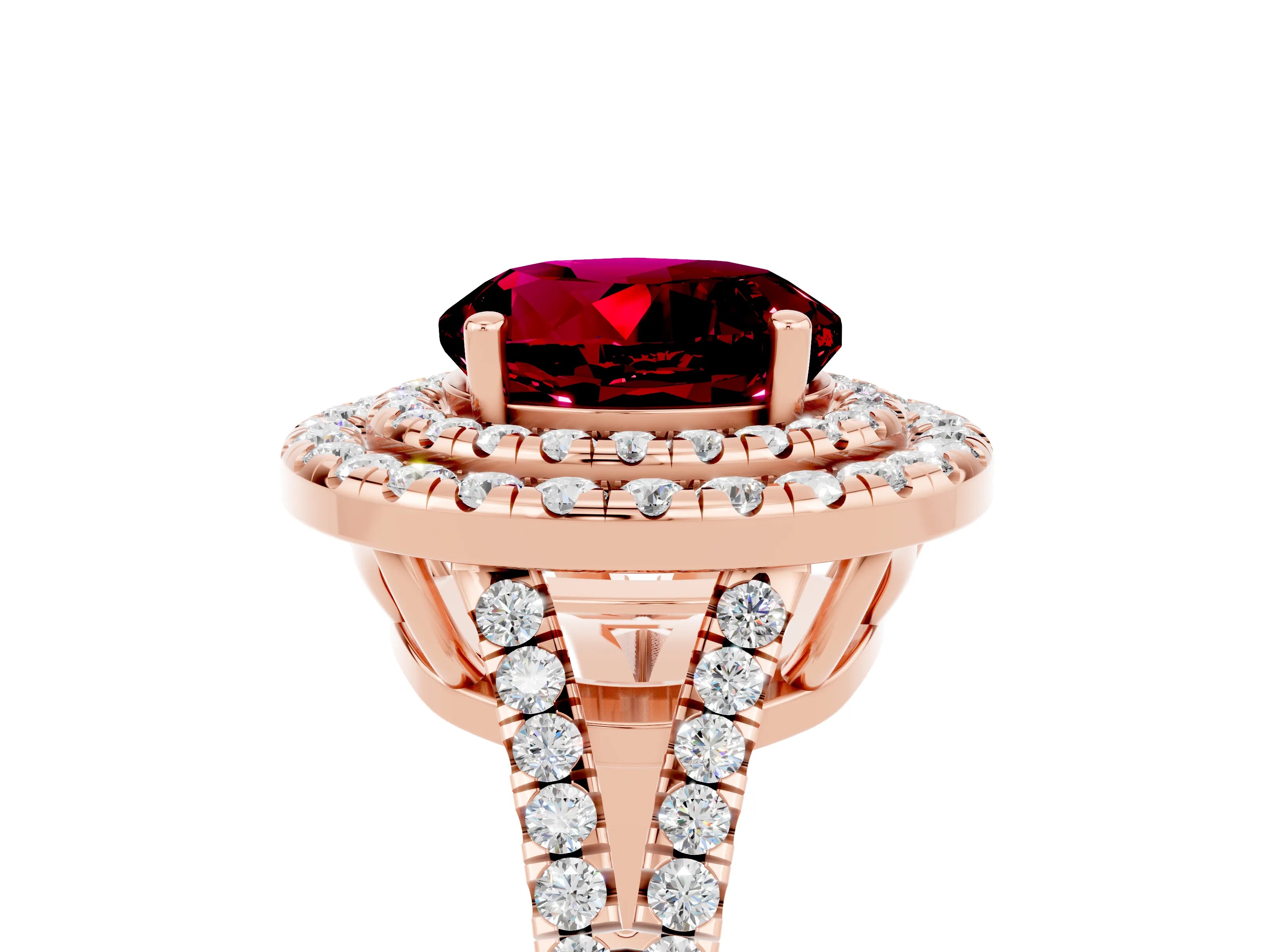 Rose gold Round Cut Garnet Double Halo Ring with Pavé Band and Prong Setting_17