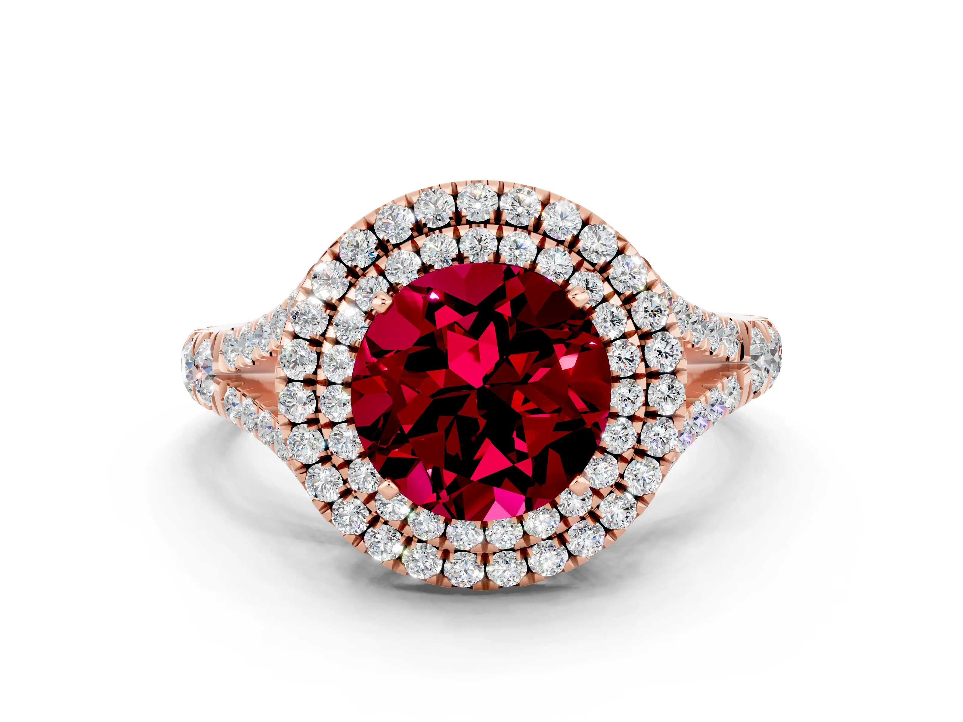 Rose gold Round Cut Garnet Double Halo Ring with Split Shank and Prong Setting_12