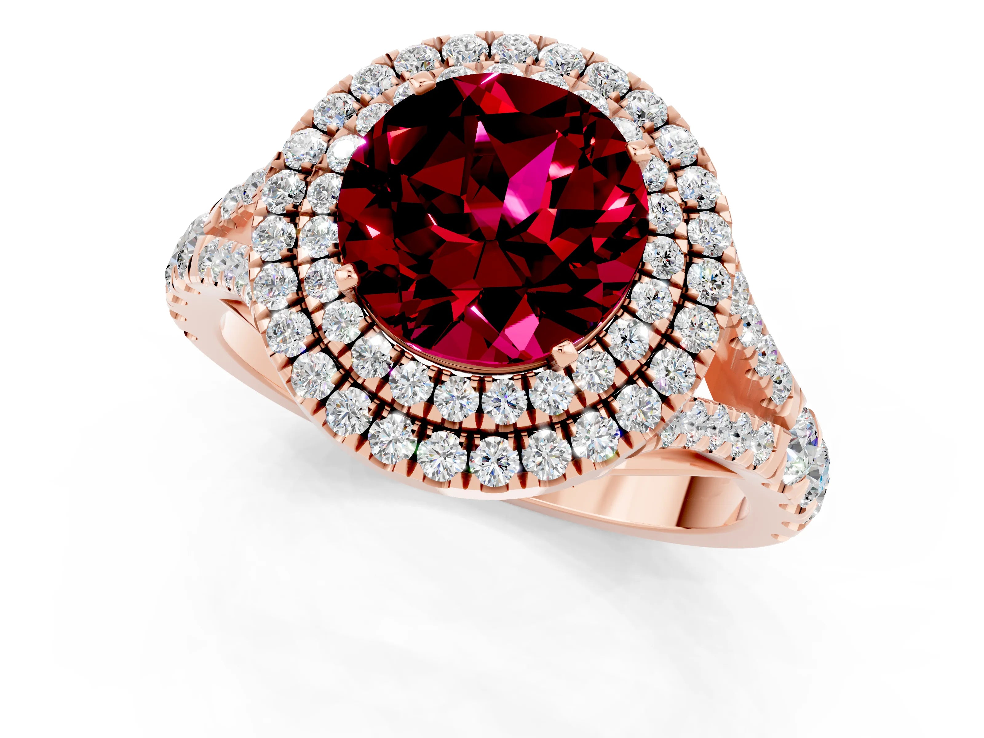 Rose gold Round Cut Garnet Double Halo Ring with Split Shank and Prong Setting_13