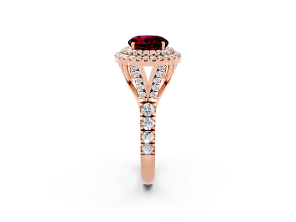 Rose gold Round Cut Garnet Double Halo Ring with Split Shank and Prong Setting