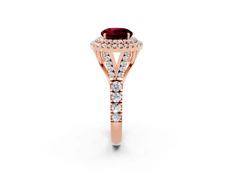 Rose gold Round Cut Garnet Double Halo Ring with Split Shank and Prong Setting_14