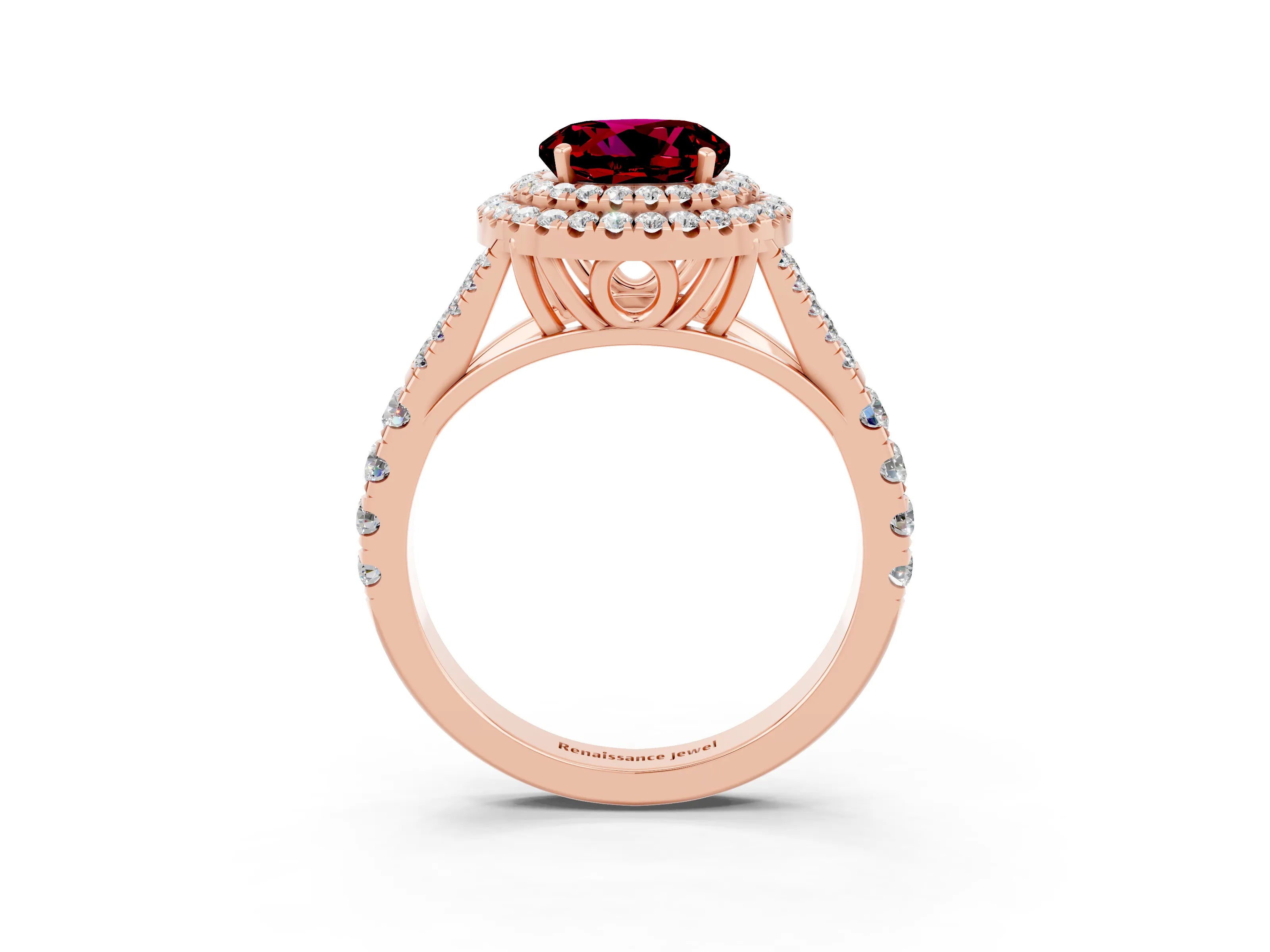 Rose gold Round Cut Garnet Double Halo Ring with Split Shank and Prong Setting_15