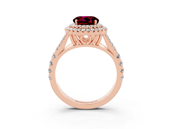Rose gold Round Cut Garnet Double Halo Ring with Split Shank and Prong Setting