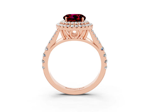 Rose gold Round Cut Garnet Double Halo Ring with Split Shank and Prong Setting_15
