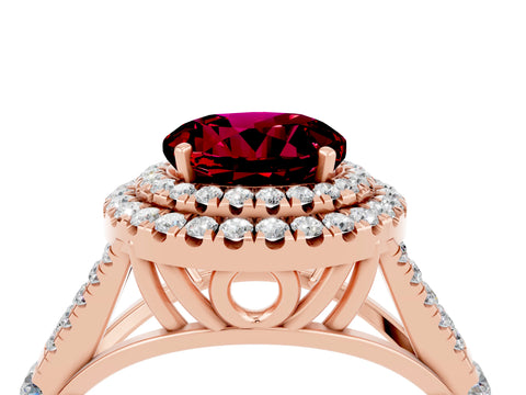 Rose gold Round Cut Garnet Double Halo Ring with Split Shank and Prong Setting_16