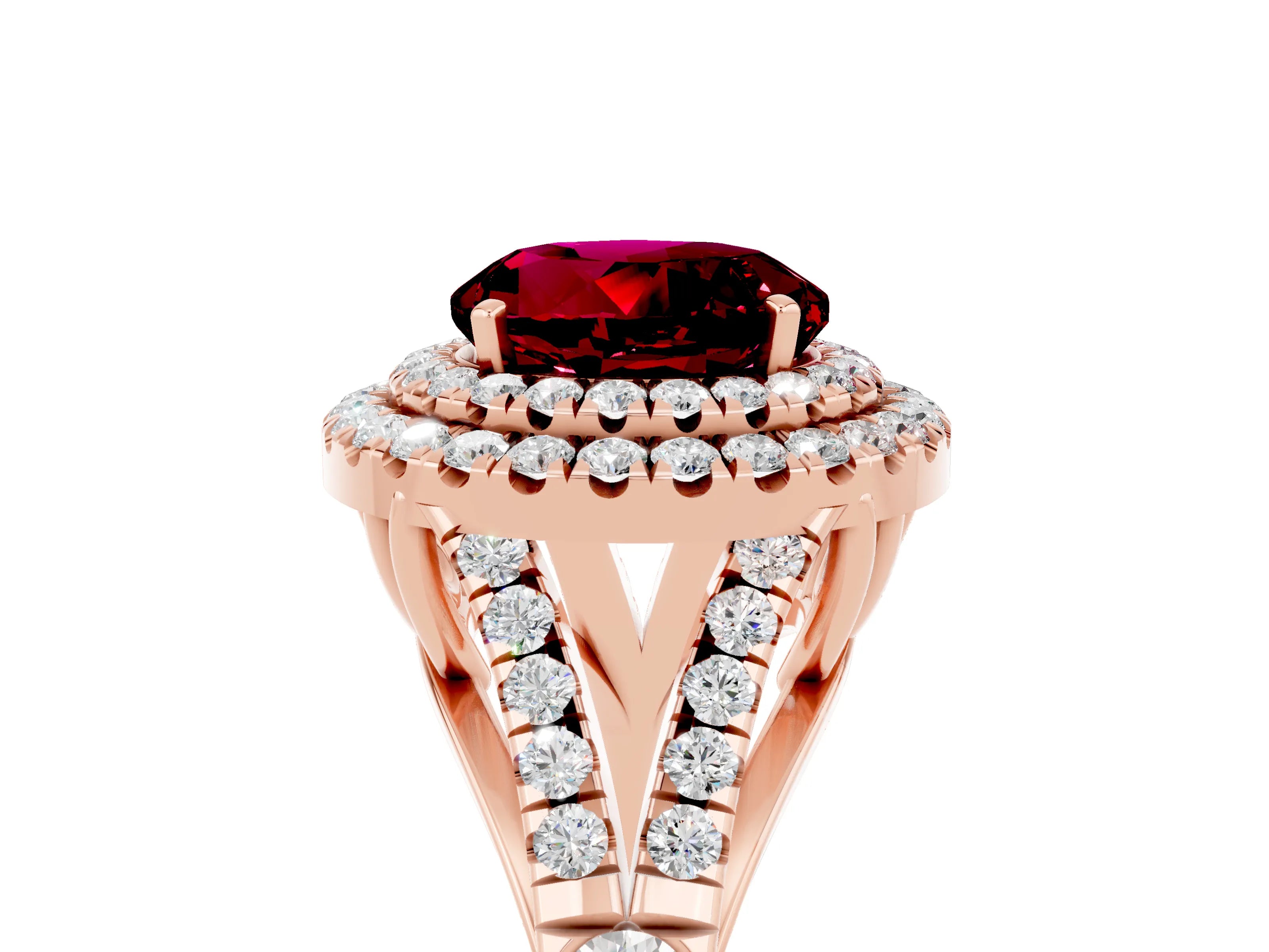 Rose gold Round Cut Garnet Double Halo Ring with Split Shank and Prong Setting_17