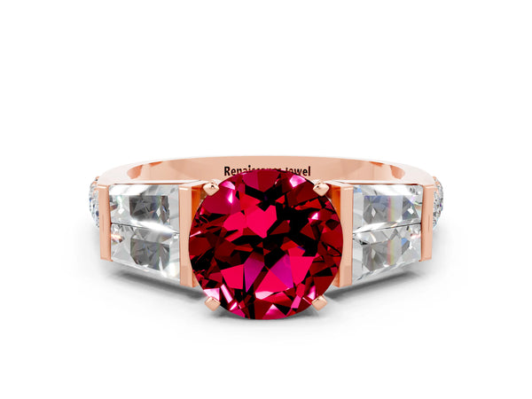 Rose gold Round Cut Garnet Engagement Ring with Baguette Side Stones and Channel Set Band