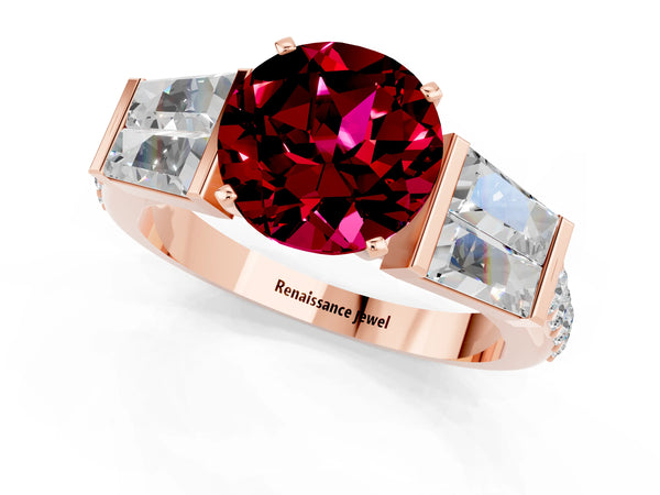 Rose gold Round Cut Garnet Engagement Ring with Baguette Side Stones and Channel Set Band