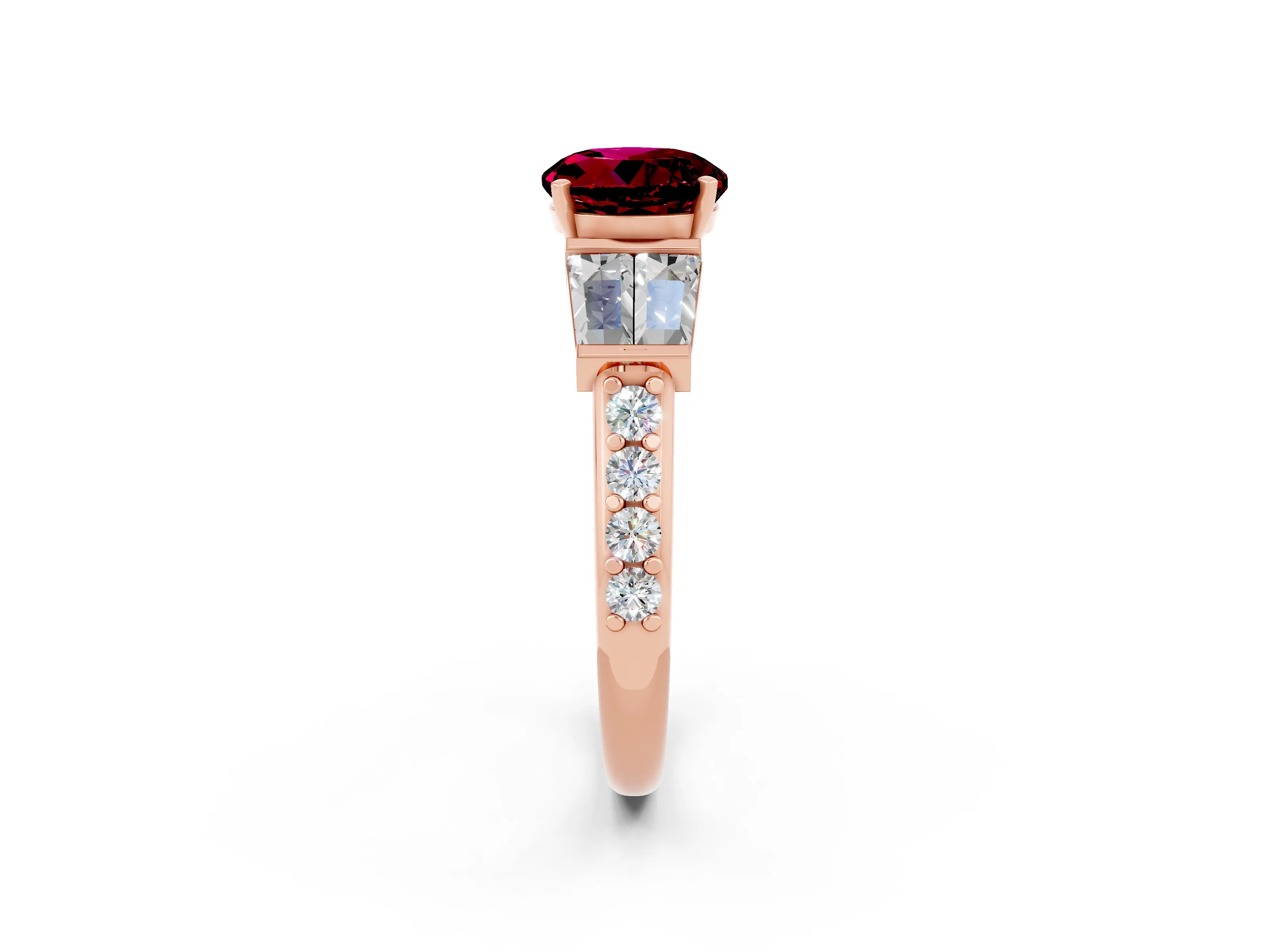 Rose gold Round Cut Garnet Engagement Ring with Baguette Side Stones and Channel Set Band_2