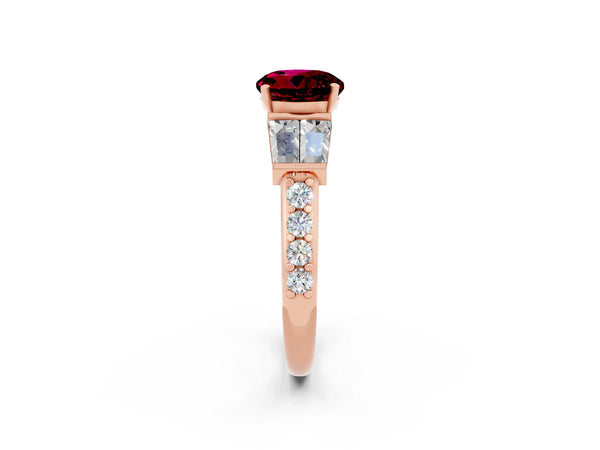 Rose gold Round Cut Garnet Engagement Ring with Baguette Side Stones and Channel Set Band