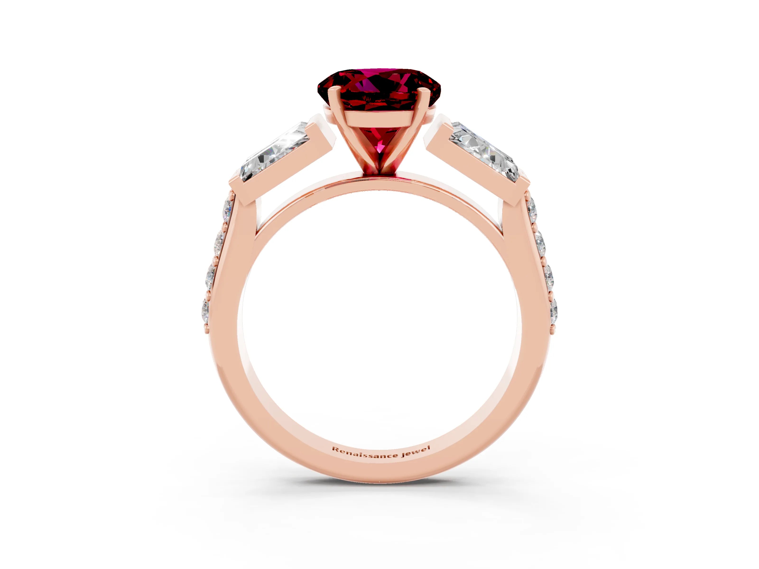 Rose gold Round Cut Garnet Engagement Ring with Baguette Side Stones and Channel Set Band_3