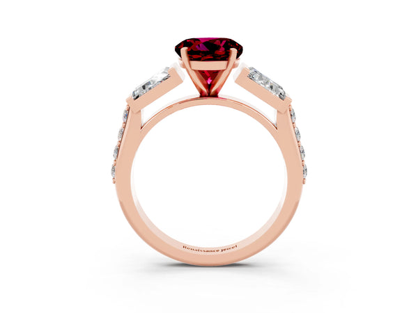 Rose gold Round Cut Garnet Engagement Ring with Baguette Side Stones and Channel Set Band