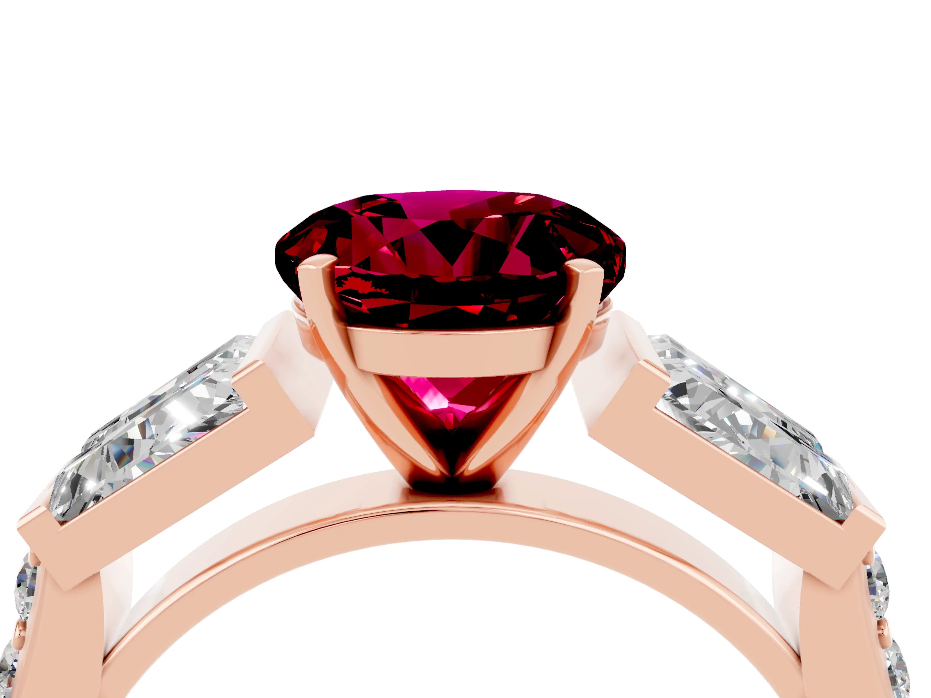 Rose gold Round Cut Garnet Engagement Ring with Baguette Side Stones and Channel Set Band_4