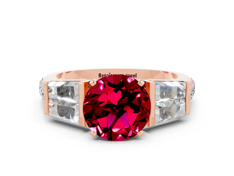 Rose gold Round Cut Garnet Engagement Ring with Baguette Side Stones and Channel Set Band