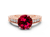 Rose gold Round Cut Garnet Engagement Ring with Milgrain Channel Set Band and Prong Setting