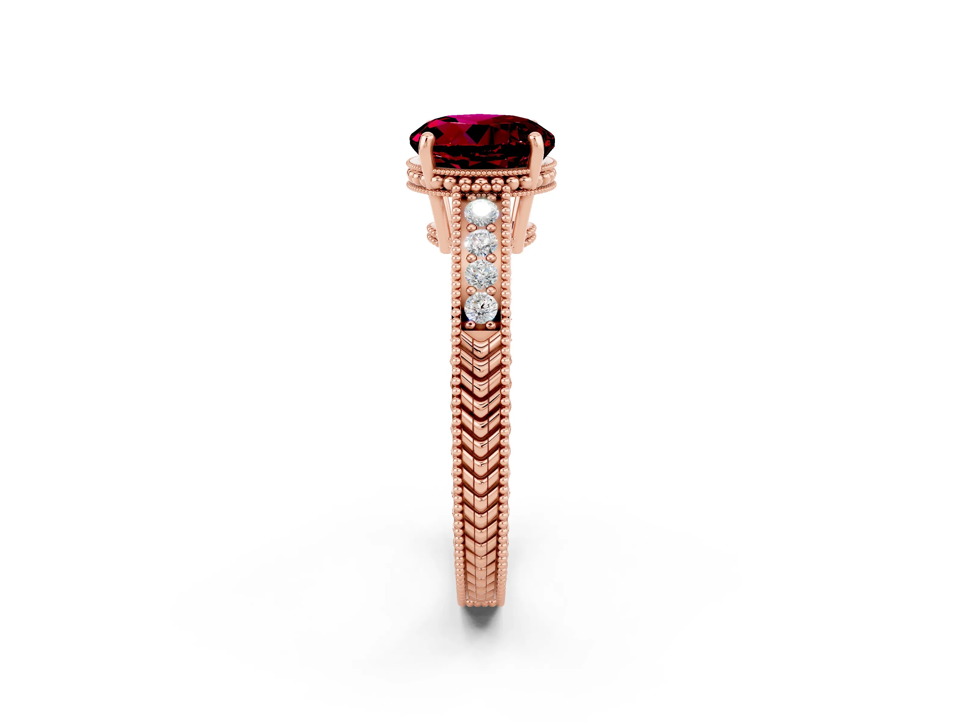 Rose gold Round Cut Garnet Engagement Ring with Milgrain Channel Set Band and Prong Setting_2