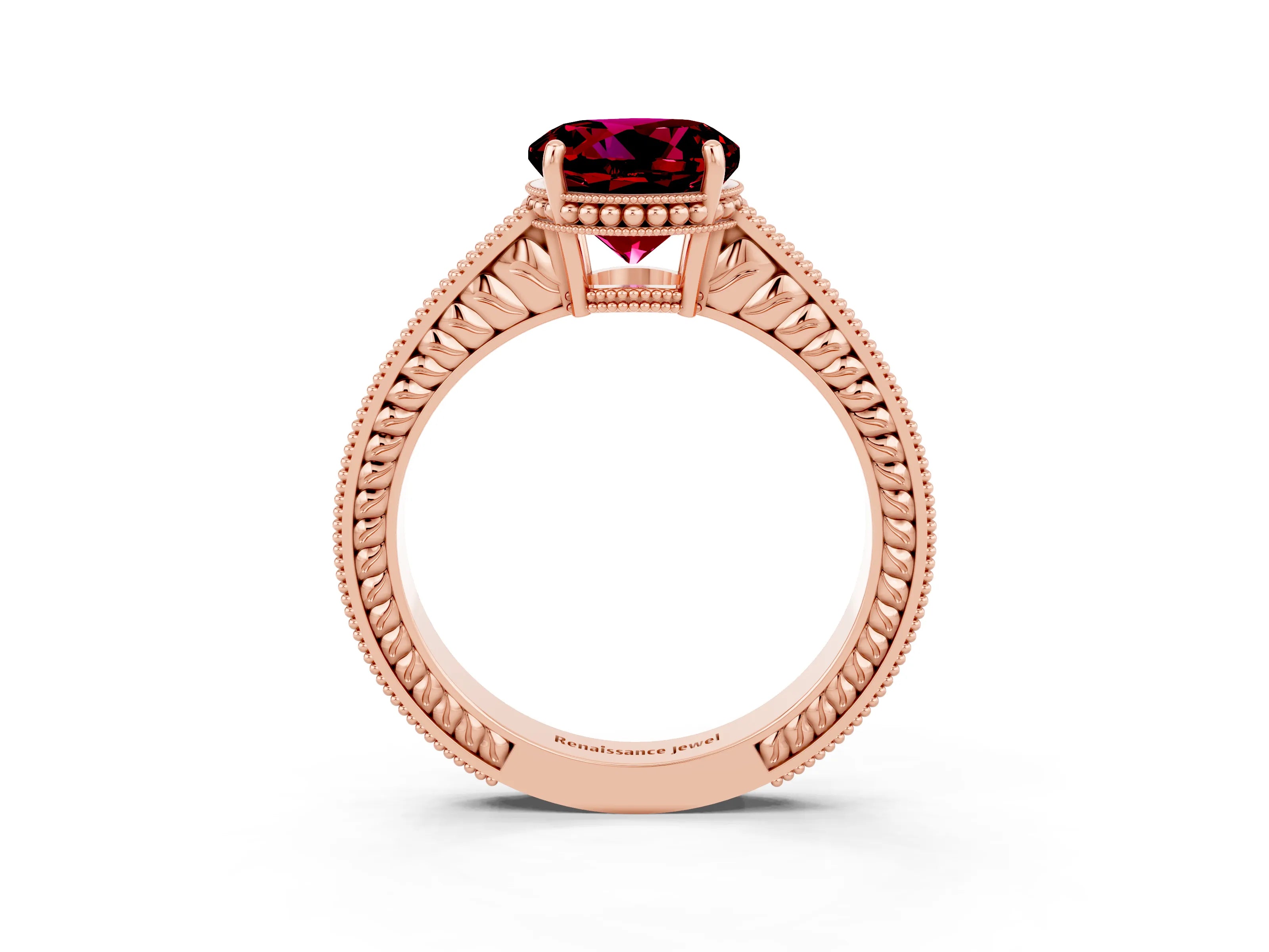 Rose gold Round Cut Garnet Engagement Ring with Milgrain Channel Set Band and Prong Setting_3